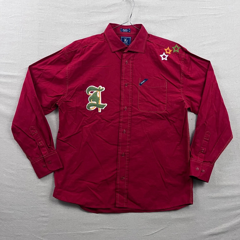 LRG Wovens Button Down Shirt Mens‎ Large Red Embroidered Lion Rock Long Sleeve